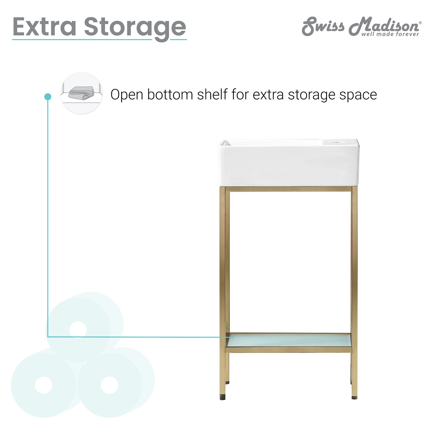Swiss Madison, Pierre 19.5 Single, Freestanding, Open Shelf, Gold Metal Frame Bathroom Vanity