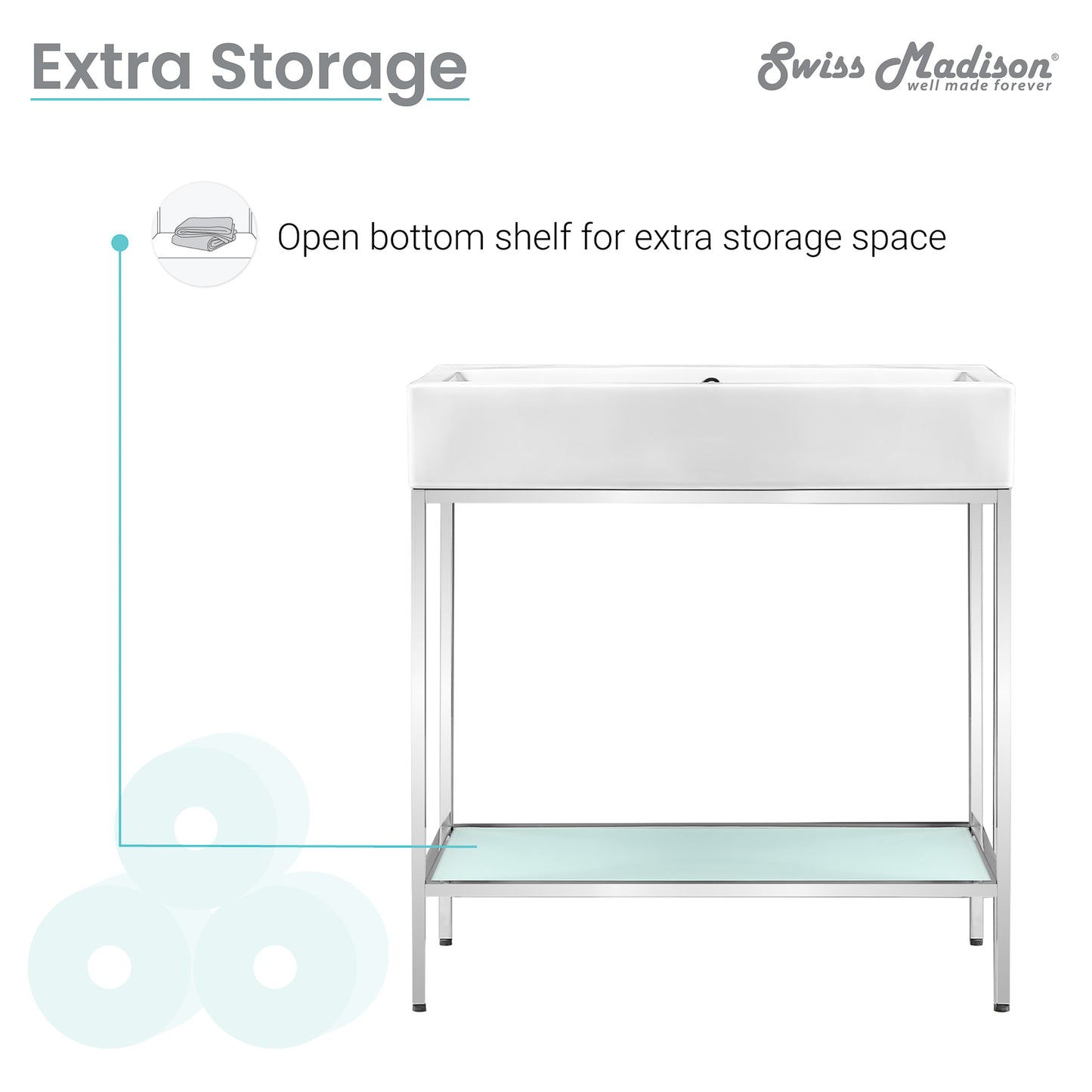Swiss Madison, Pierre 32 Single, Freestanding, Open Shelf, Chrome Metal Frame Bathroom Vanity