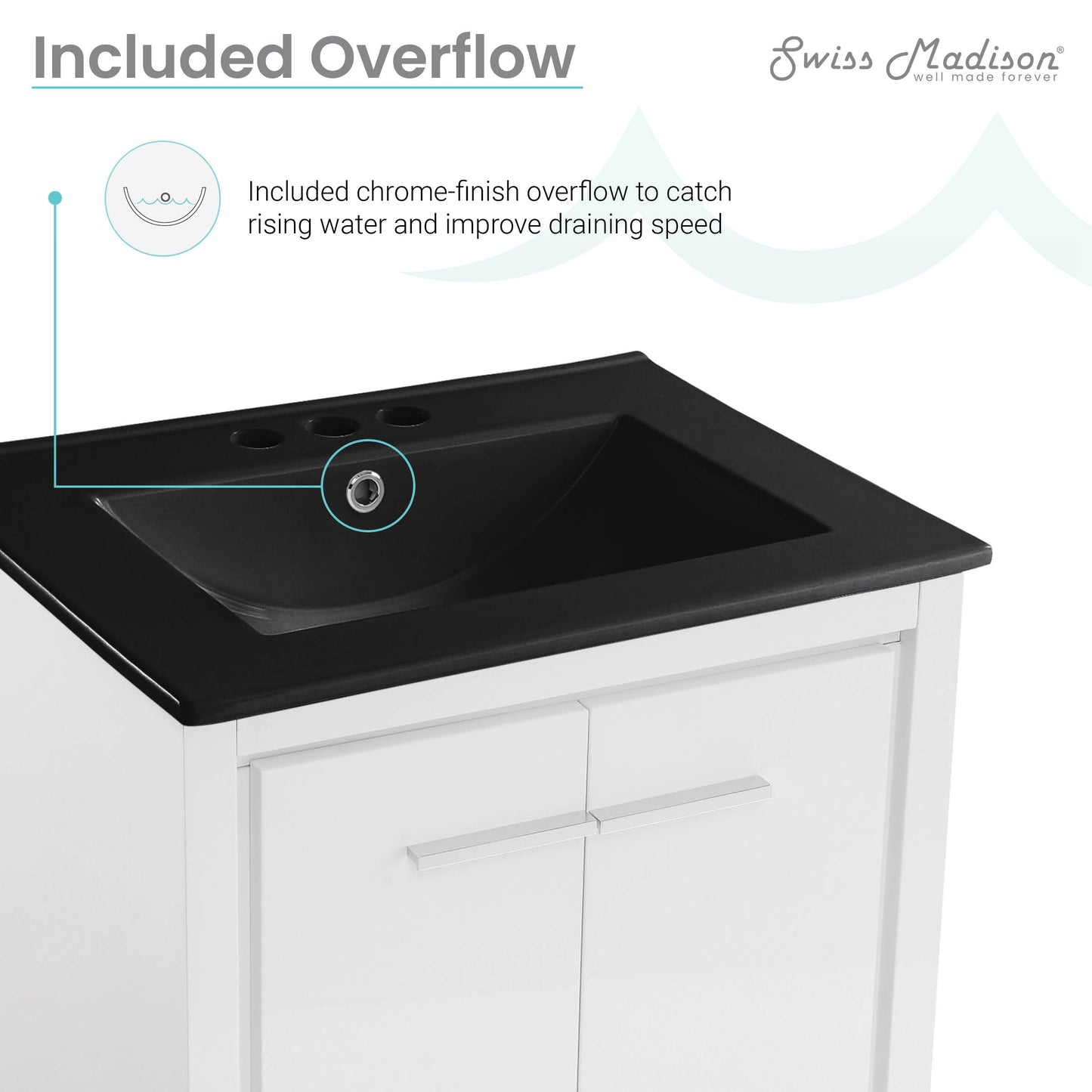 Swiss Madison, Virage 24 in. White Bathroom Vanity With Black, 3-Hole Ceramic Sink Top