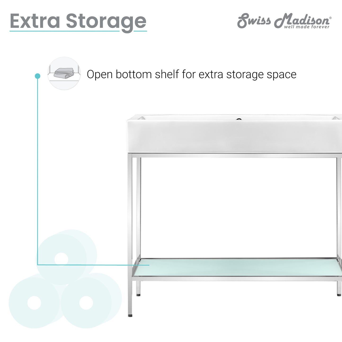 Swiss Madison, Pierre 40 Single, Freestanding, Open Shelf, Chrome Metal Frame Bathroom Vanity