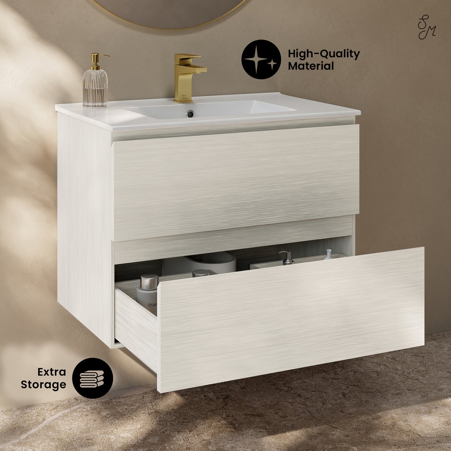 Swiss Madison, Liberte 30" Wall-Mounted Bathroom Vanity in White Oak with Sink Top