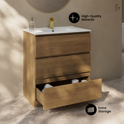 Swiss Madison, Liberte 30" Freestanding Bathroom Vanity in Brown Oak with Sink Top