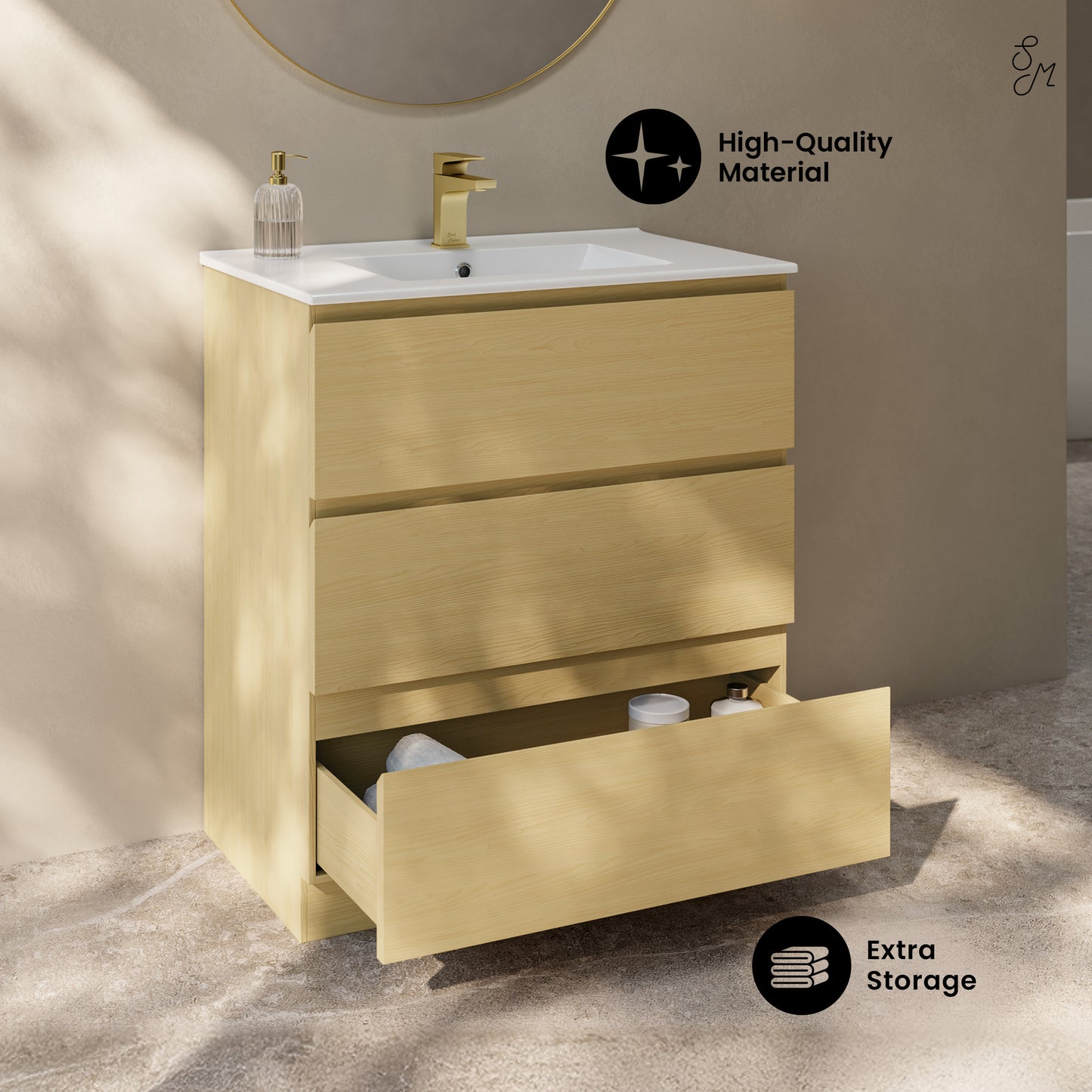 Swiss Madison, Liberte 30" Freestanding Bathroom Vanity in Natural Oak with Sink Top