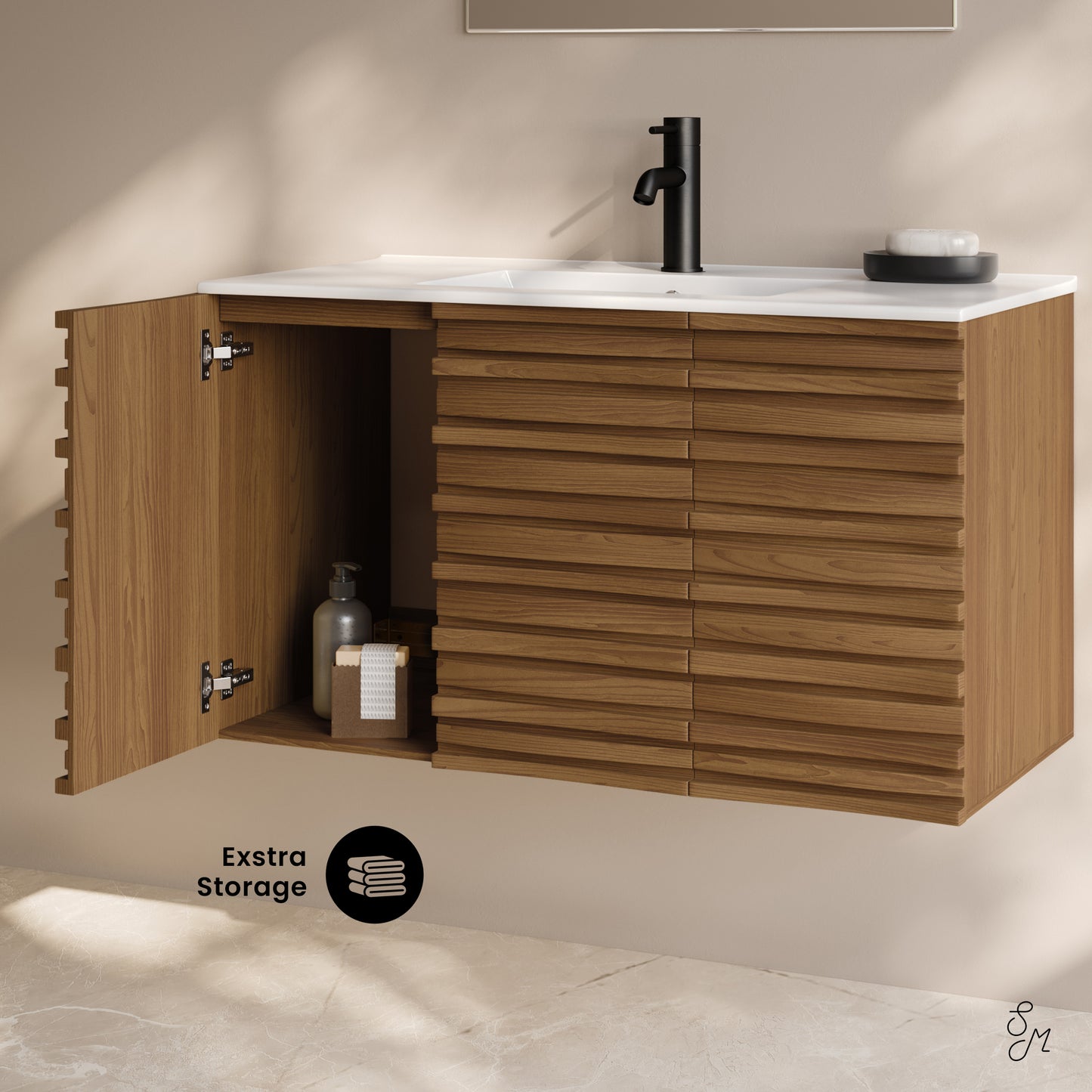 Swiss Madison, Cascade 36" Wall-Mounted Bathroom Vanity in Brown Oak with Sink Top