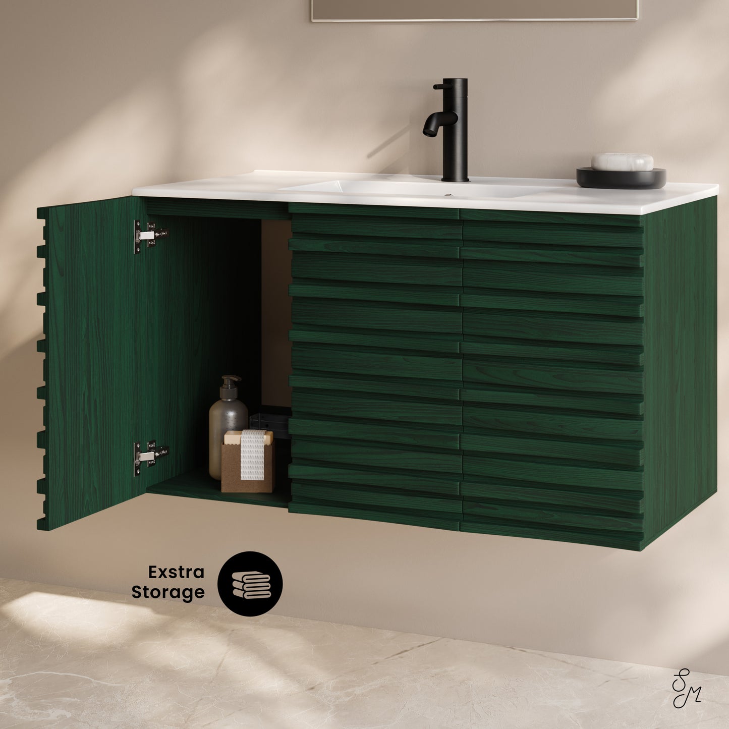 Swiss Madison, Cascade 36" Wall-Mounted Bathroom Vanity in Green Oak with Sink Top