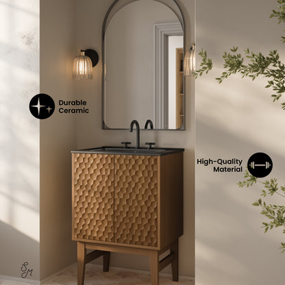Swiss Madison, Bosse 24" Freestanding Bathroom Vanity in Brown Oak with Black 3-Hole Centerset Sink Top