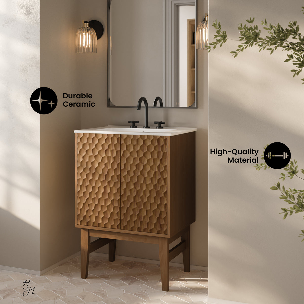 Swiss Madison, Tocador de baño independiente Bosse de 24 pulgadas en roble marrón con encimera de lavabo de 3 orificios en el centro