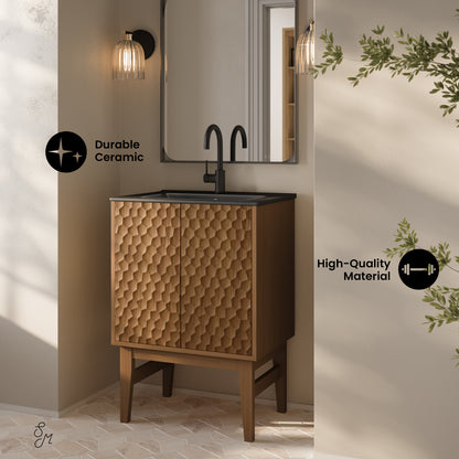 Swiss Madison, Bosse 24" Freestanding Bathroom Vanity in Brown Oak with Black Sink Top