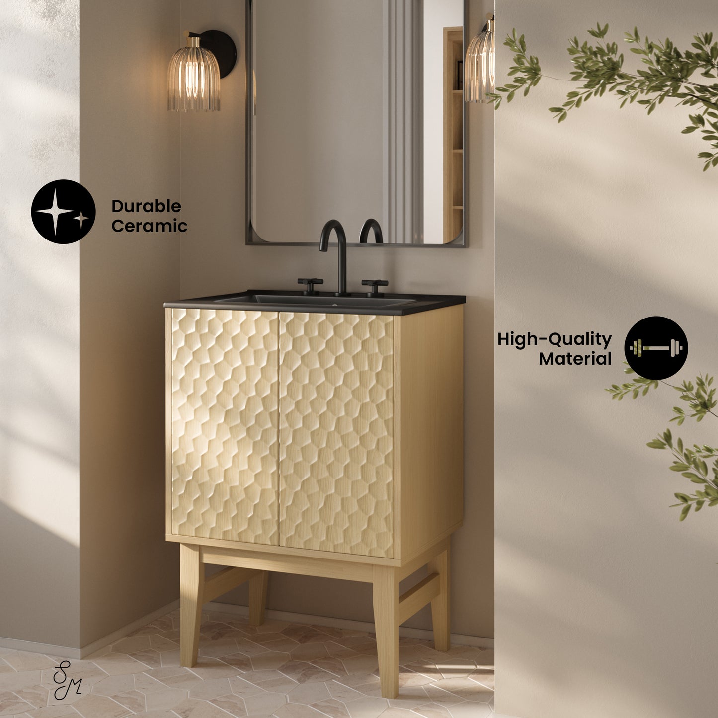 Swiss Madison, Bosse 24" Freestanding Bathroom Vanity in Natural Oak with Black 3-Hole Centerset Sink Top