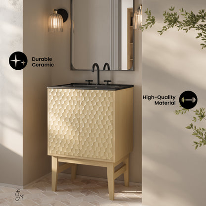Swiss Madison, Bosse 24" Freestanding Bathroom Vanity in Natural Oak with Black 3-Hole Centerset Sink Top