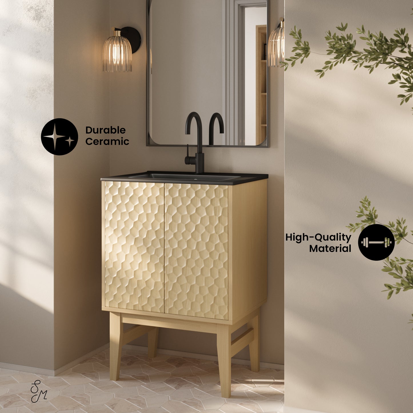 Swiss Madison, Bosse 24" Freestanding Bathroom Vanity in Natural Oak with Black Sink Top