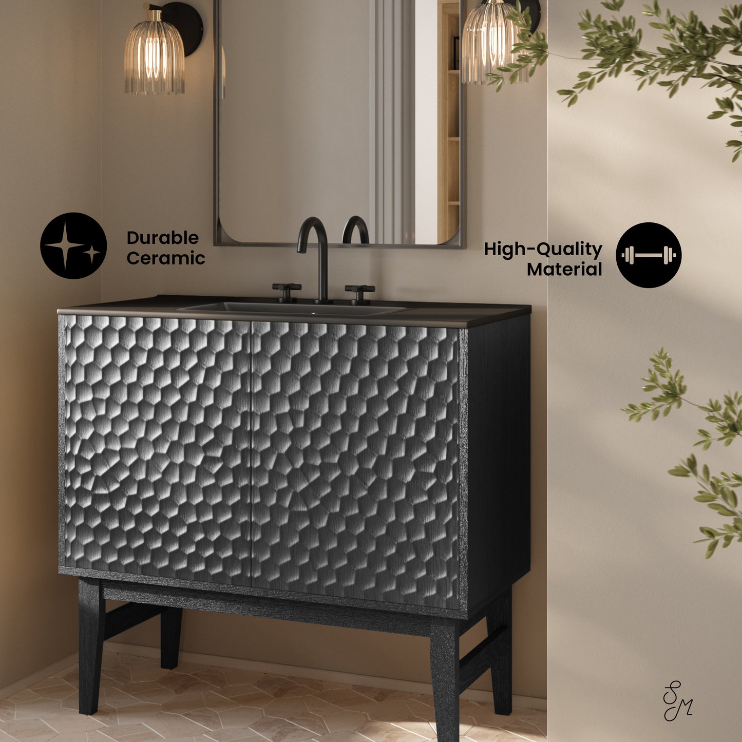 Swiss Madison, Bosse 36" Freestanding Bathroom Vanity in Black Oak with Black 3-Hole Widespread Sink Top