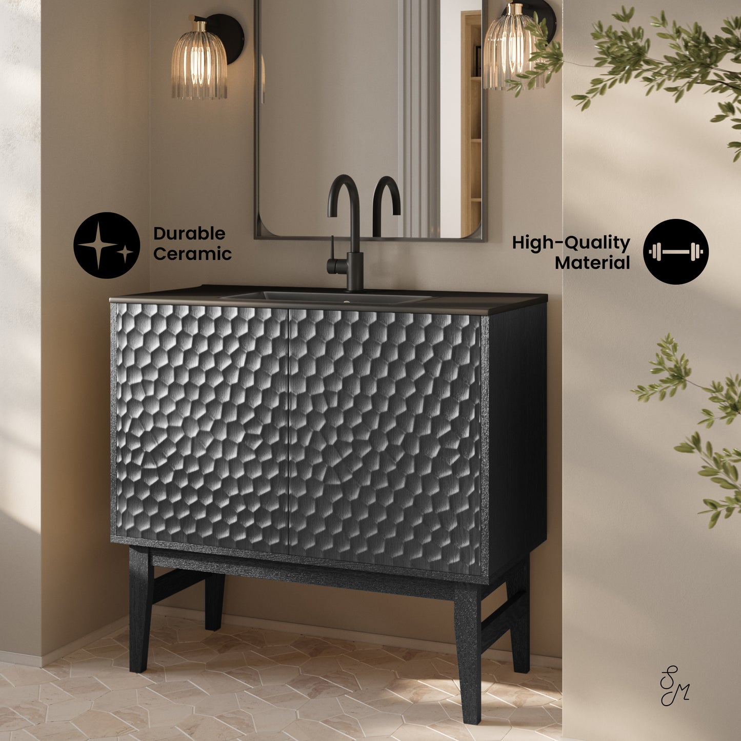 Swiss Madison, Bosse 36" Freestanding Bathroom Vanity in Black Oak with Black Sink Top
