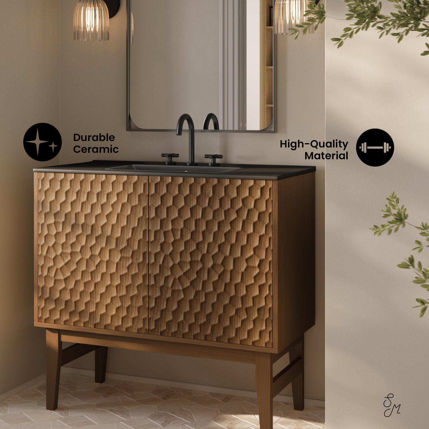 Swiss Madison, Bosse 36" Freestanding Bathroom Vanity in Brown Oak with Black 3-Hole Widespread Sink Top