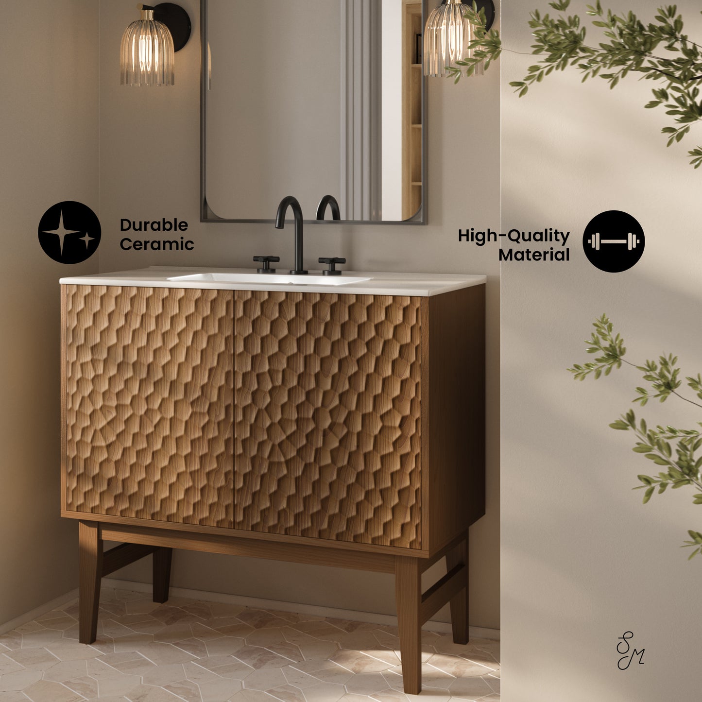 Swiss Madison, Bosse 36" Freestanding Bathroom Vanity in Brown Oak with 3-Hole Widespread Sink Top