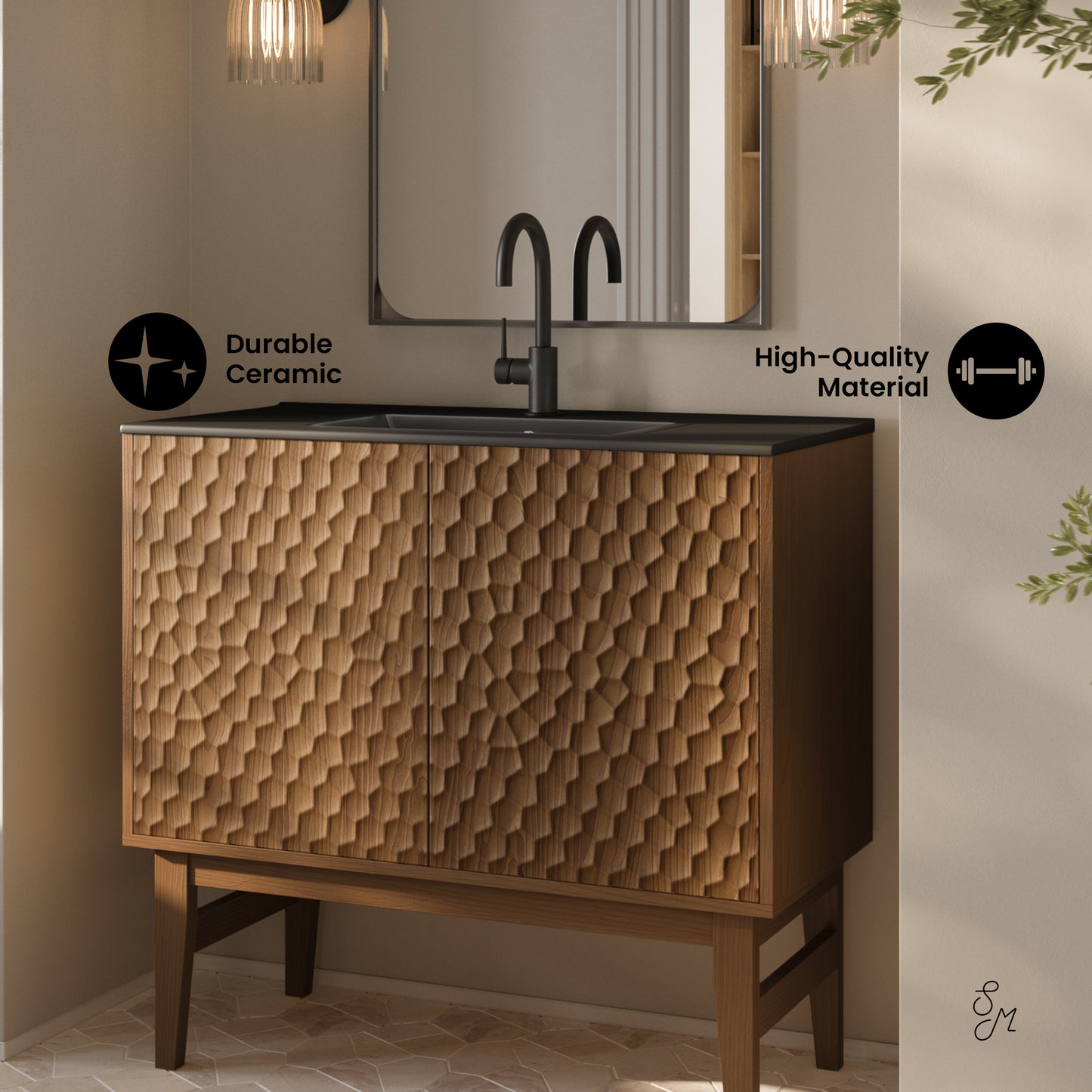 Swiss Madison, Bosse 36" Freestanding Bathroom Vanity in Brown Oak with Black Sink Top