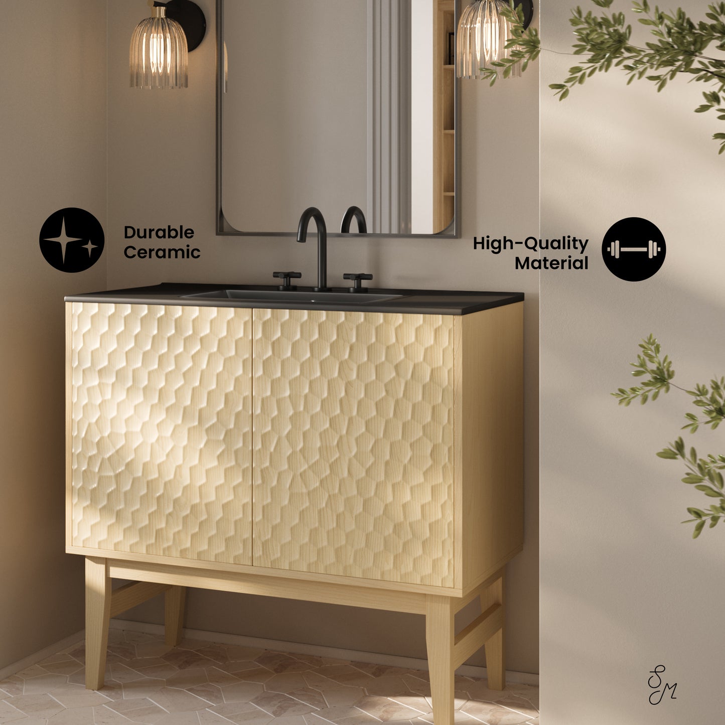 Swiss Madison, Bosse 36" Freestanding Bathroom Vanity in Natural Oak with Black 3-Hole Widespread Sink Top