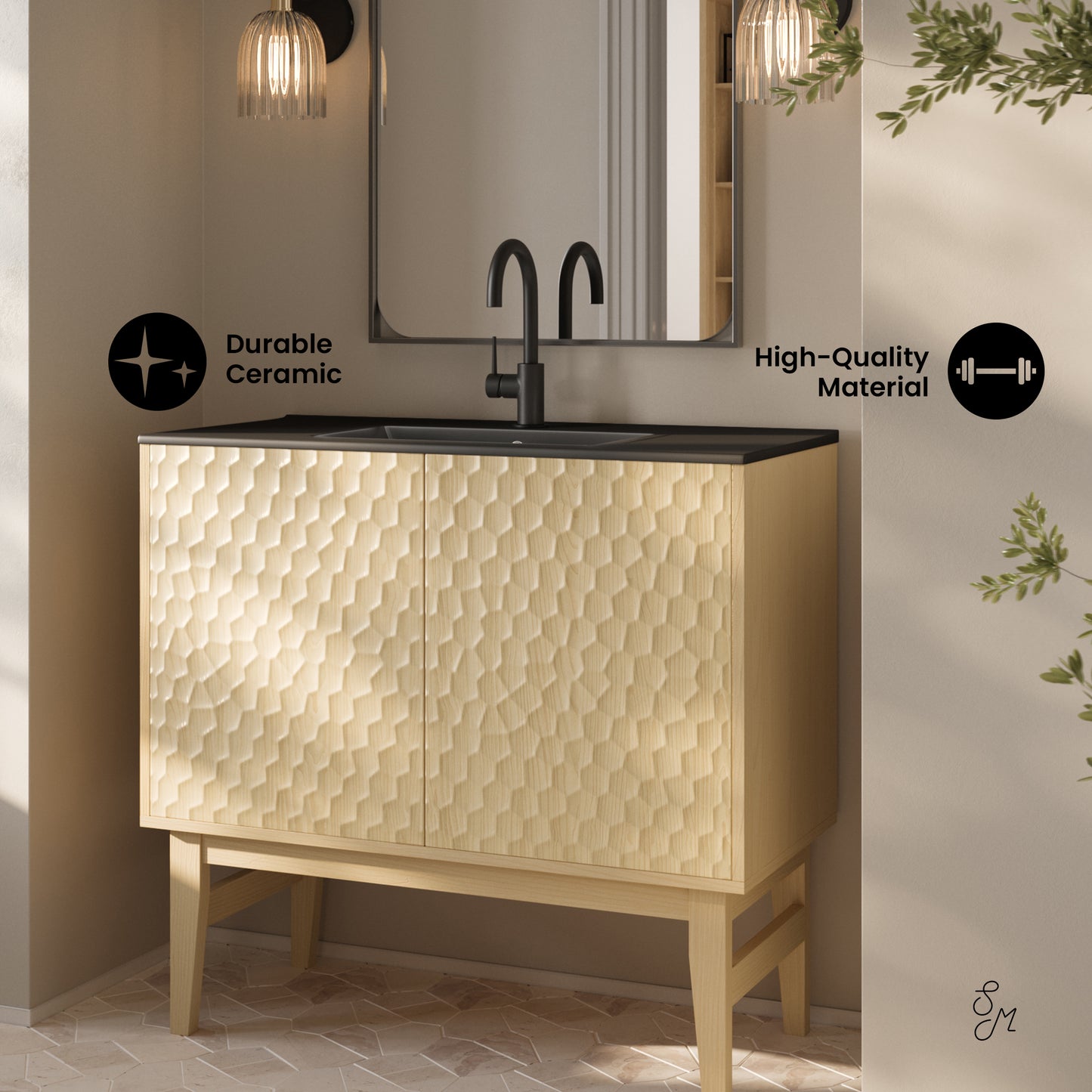 Swiss Madison, Bosse 36" Freestanding Bathroom Vanity in Natural Oak with Black Sink Top