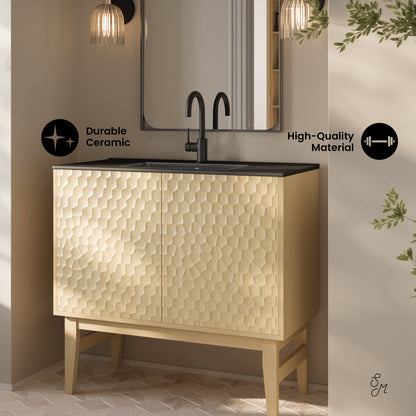 Swiss Madison, Bosse 36" Freestanding Bathroom Vanity in Natural Oak with Black Sink Top