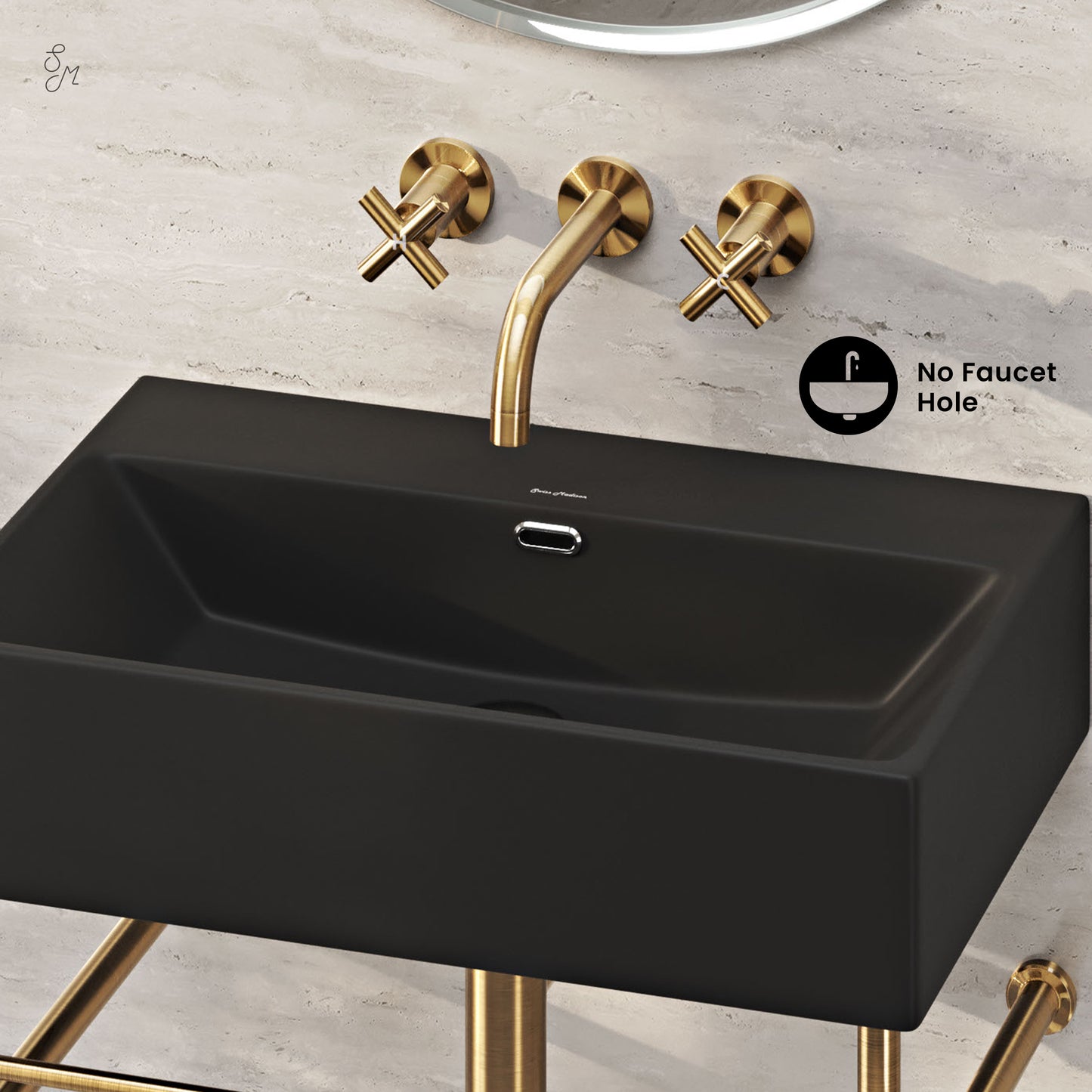 Swiss Madison, Claire 24" Rectangle Matte Black Zero Hole Console Sink with Brushed Gold Legs