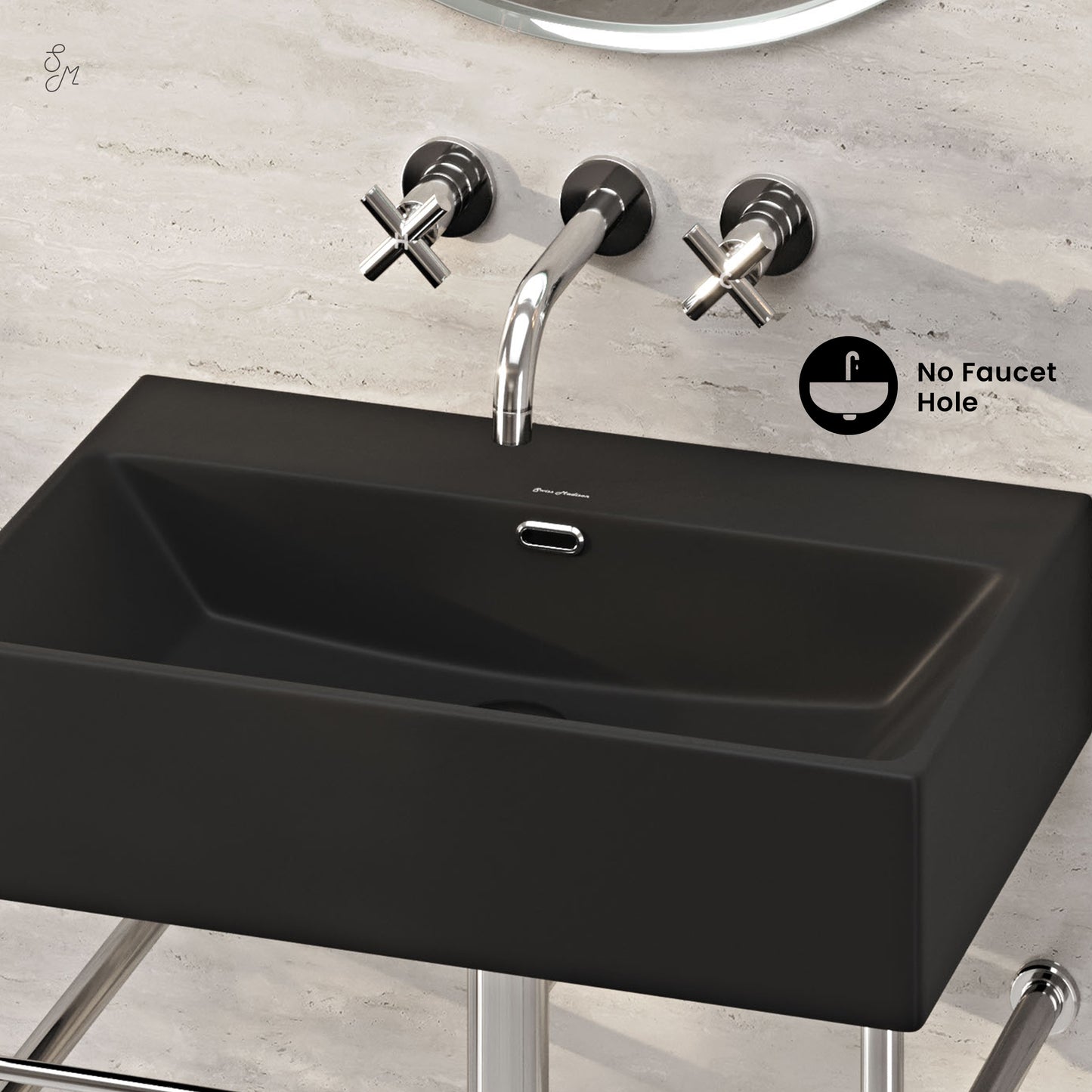 Swiss Madison, Claire 24" Rectangle Matte Black Zero Hole Console Sink with Polished Chrome Legs
