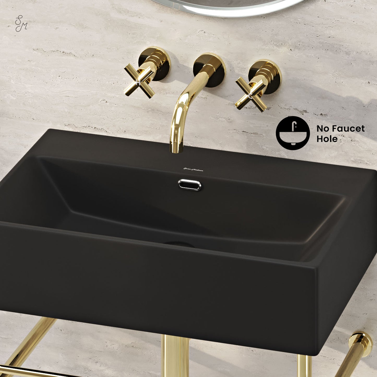 Swiss Madison, Claire 24" Rectangle Matte Black Zero Hole Console Sink with Glossy Gold Legs