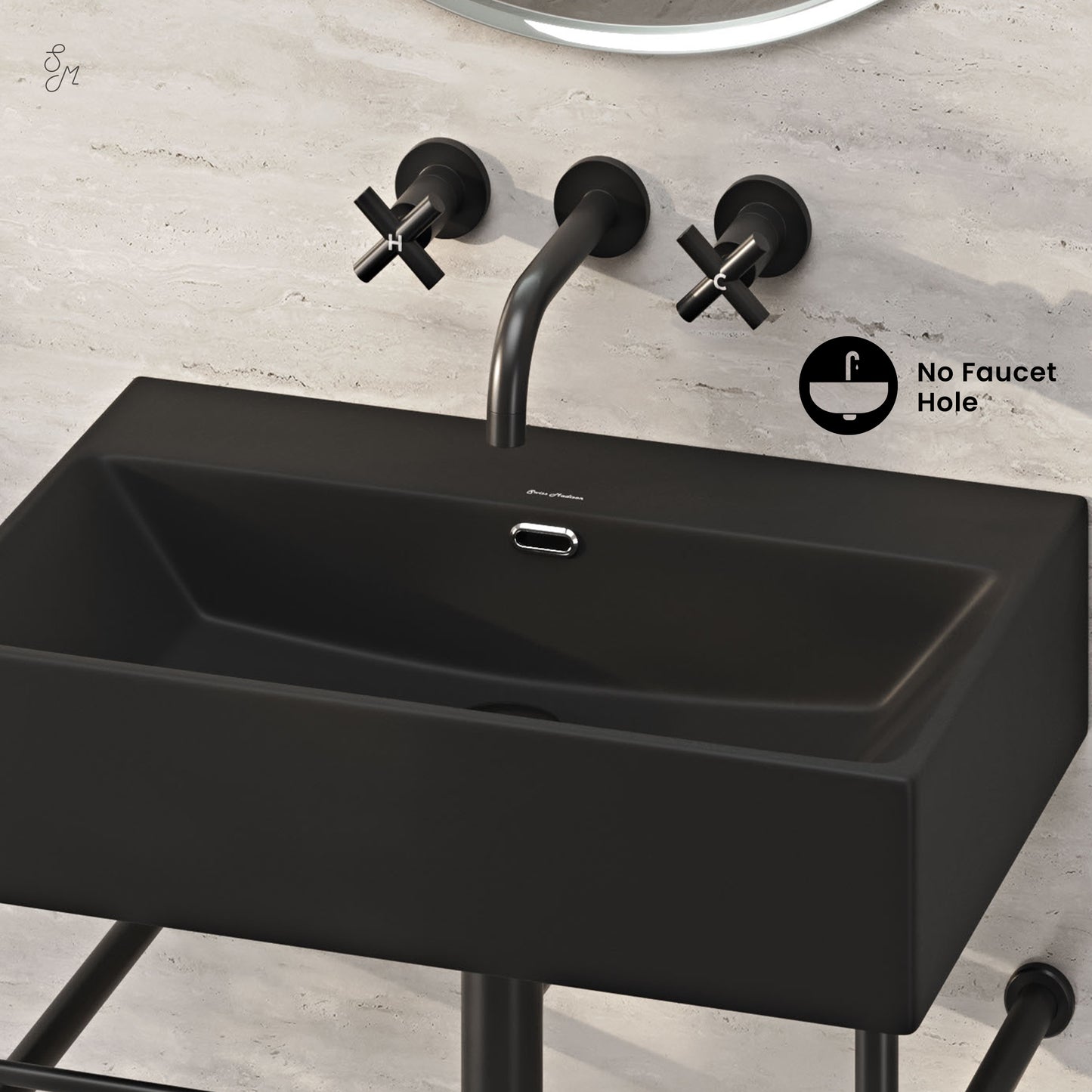 Swiss Madison, Claire 24" Rectangle Matte Black Zero Hole Console Sink with Matte Black Legs