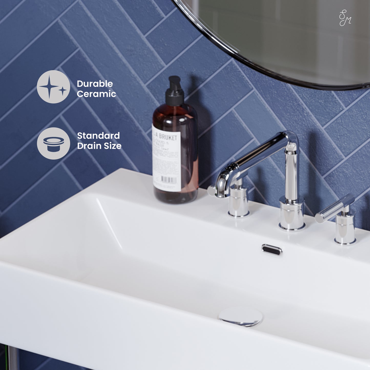 Swiss Madison, Claire 30" Console Sink White Basin Chrome Legs with 8" Widespread Holes