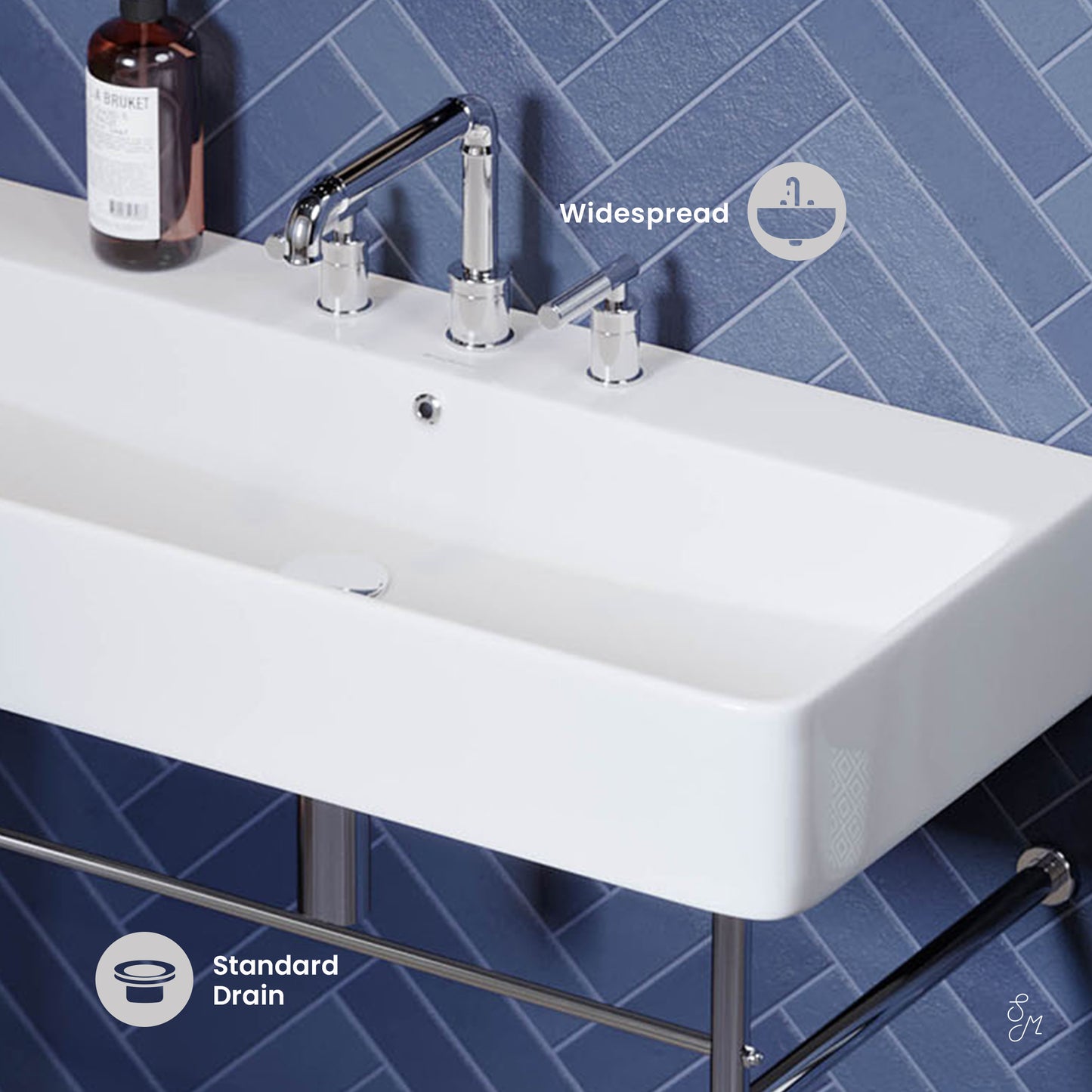Swiss Madison, Carre 36" Console Sink White Basin Chrome Legs with 8" Widespread Holes