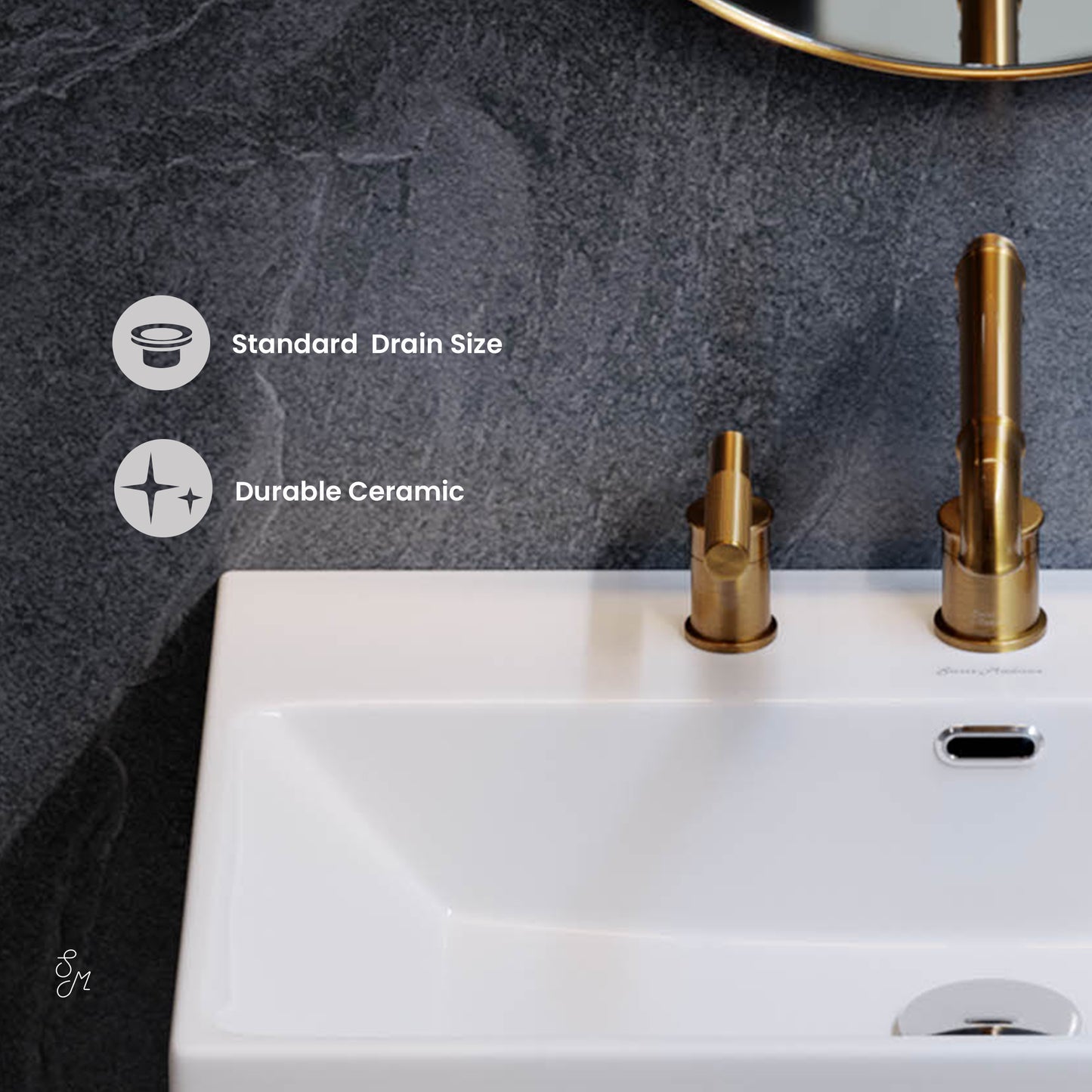 Swiss Madison, Claire 30" Console Sink White Basin Brushed Gold Legs with 8" Widespread Holes