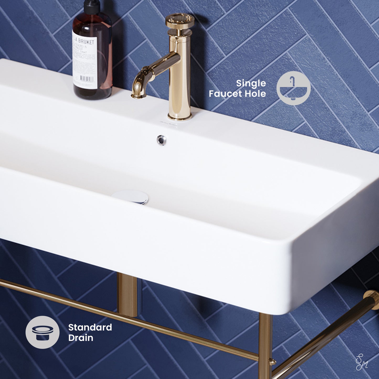 Swiss Madison, Carre 36 Ceramic Console Sink White Basin Gold Legs