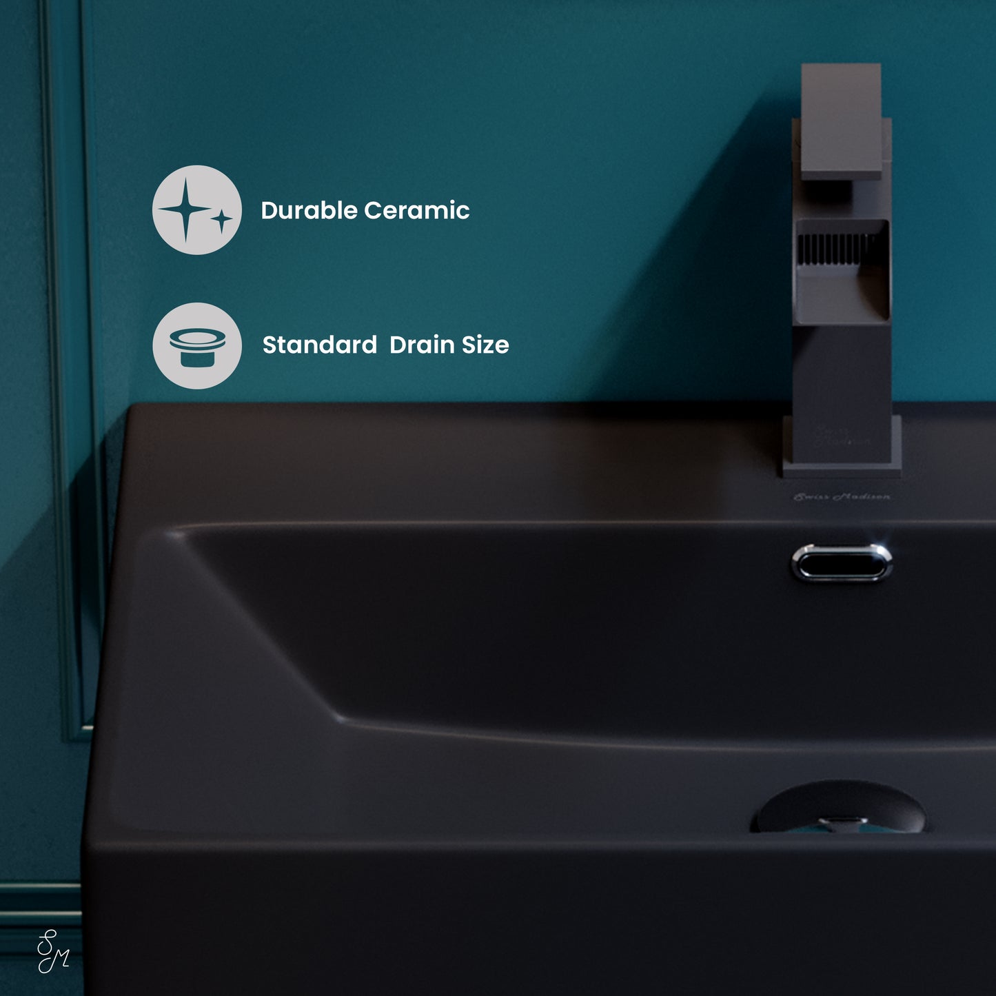 Swiss Madison, Claire 24 Ceramic Console Sink Matte Black Basin Brushed Gold Legs