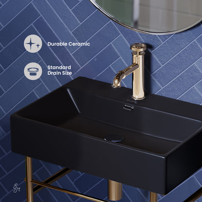 Swiss Madison, Claire 24 Ceramic Console Sink Matte Black Basin Gold Legs