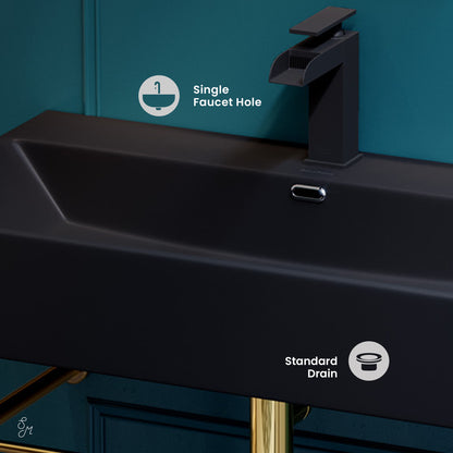 Swiss Madison, Claire 30 Ceramic Console Sink Matte Black Basin Brushed Gold Legs