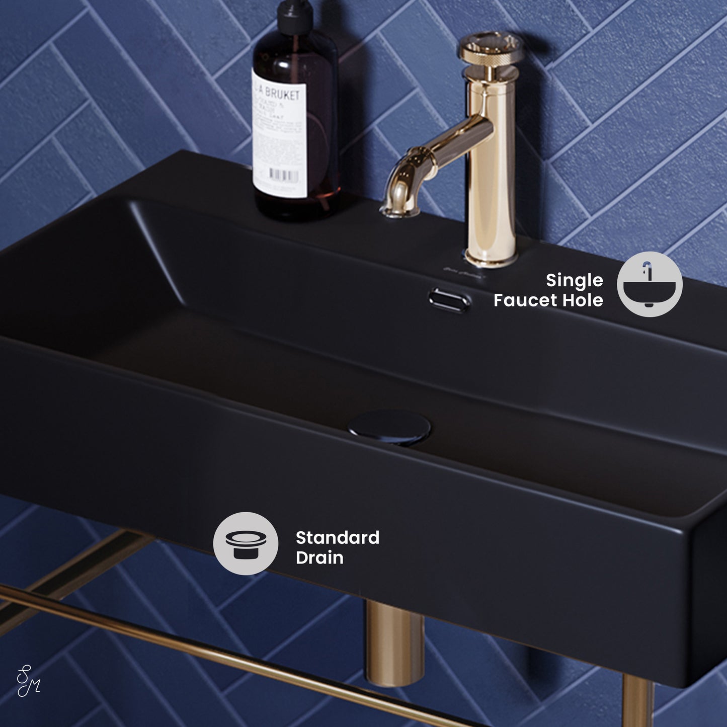 Swiss Madison, Claire 30 Ceramic Console Sink Matte Black Basin Gold Legs