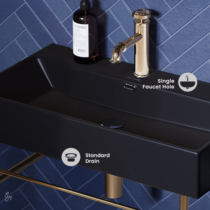 Swiss Madison, Claire 30 Ceramic Console Sink Matte Black Basin Gold Legs