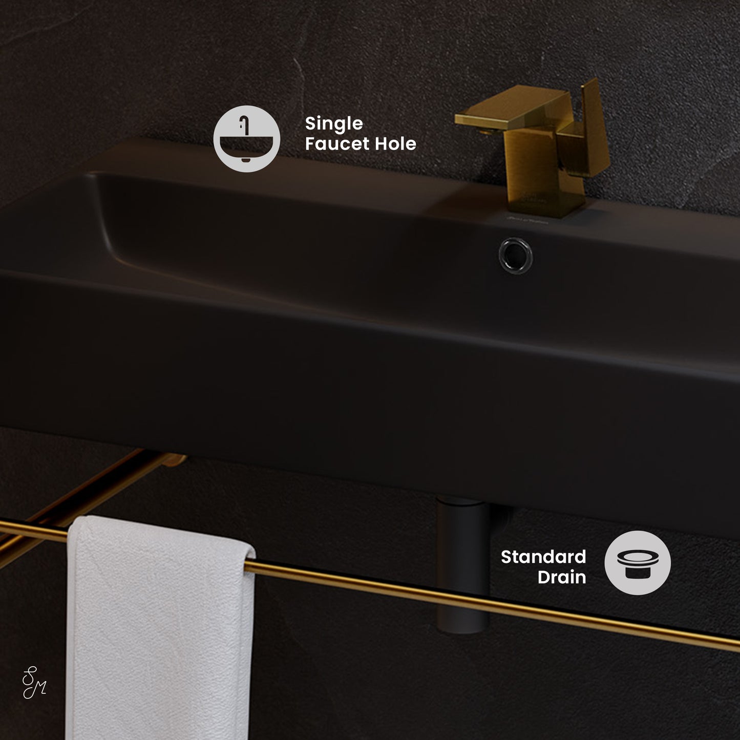 Swiss Madison, Carre 36 Ceramic Console Sink Matte Black Basin Brushed Gold Legs