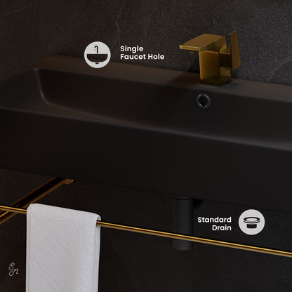 Swiss Madison, Carre 36 Ceramic Console Sink Matte Black Basin Brushed Gold Legs