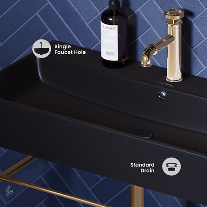 Swiss Madison, Carre 36 Ceramic Console Sink Matte Black Basin Gold Legs