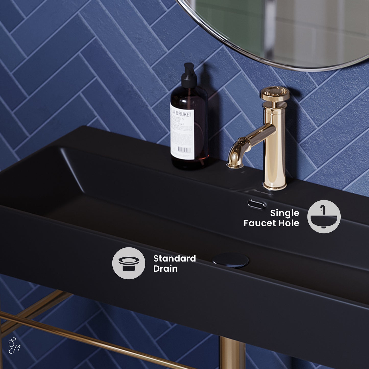 Swiss Madison, Claire 40 Ceramic Console Sink Matte Black Basin Gold Legs