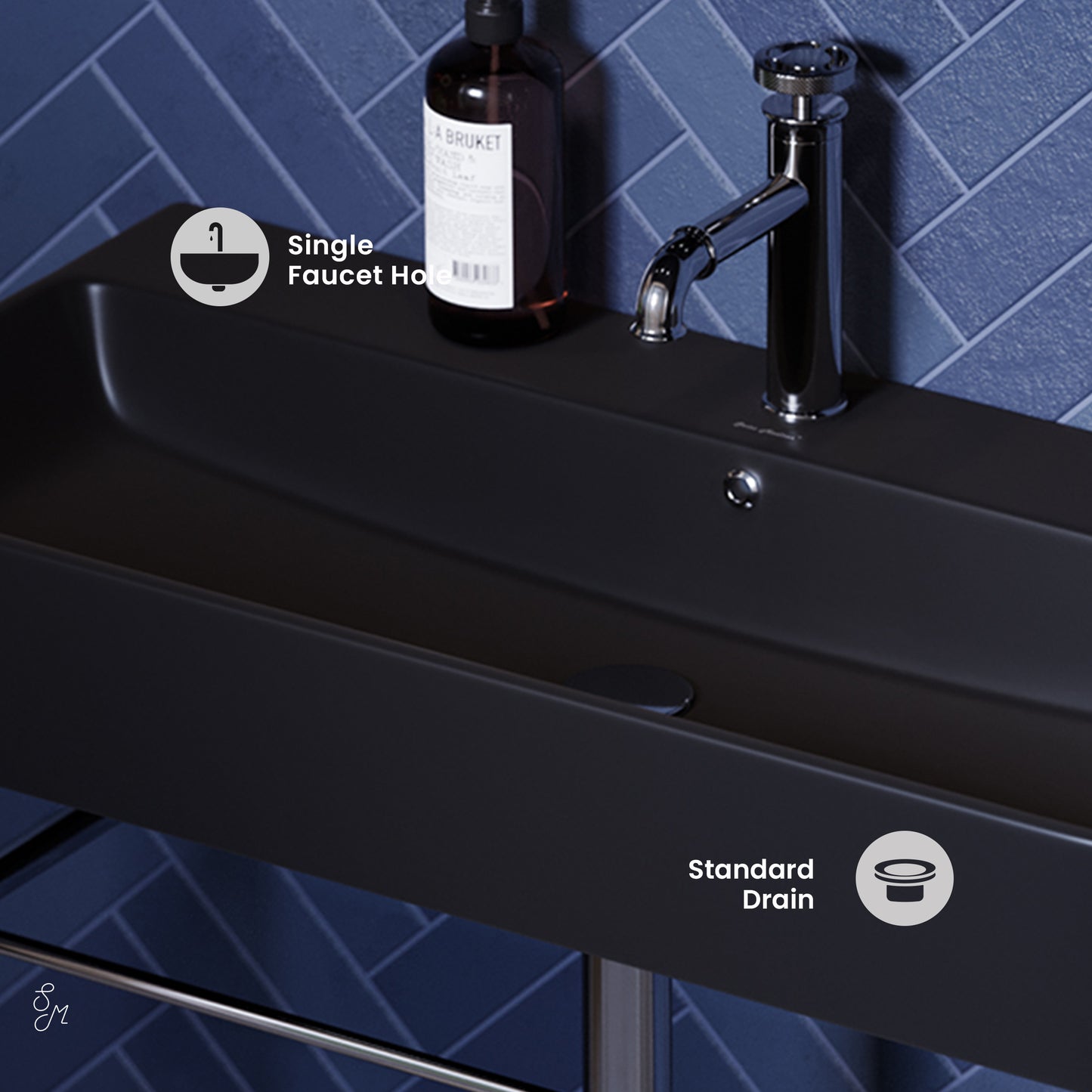 Swiss Madison, Carre 36 Ceramic Console Sink Matte Black Basin Chrome Legs
