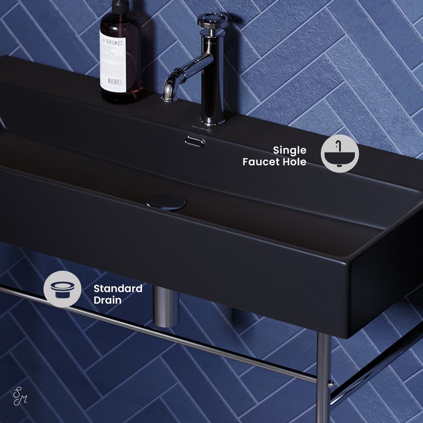 Swiss Madison, Claire 40 Ceramic Console Sink Matte Black Basin Chrome Legs