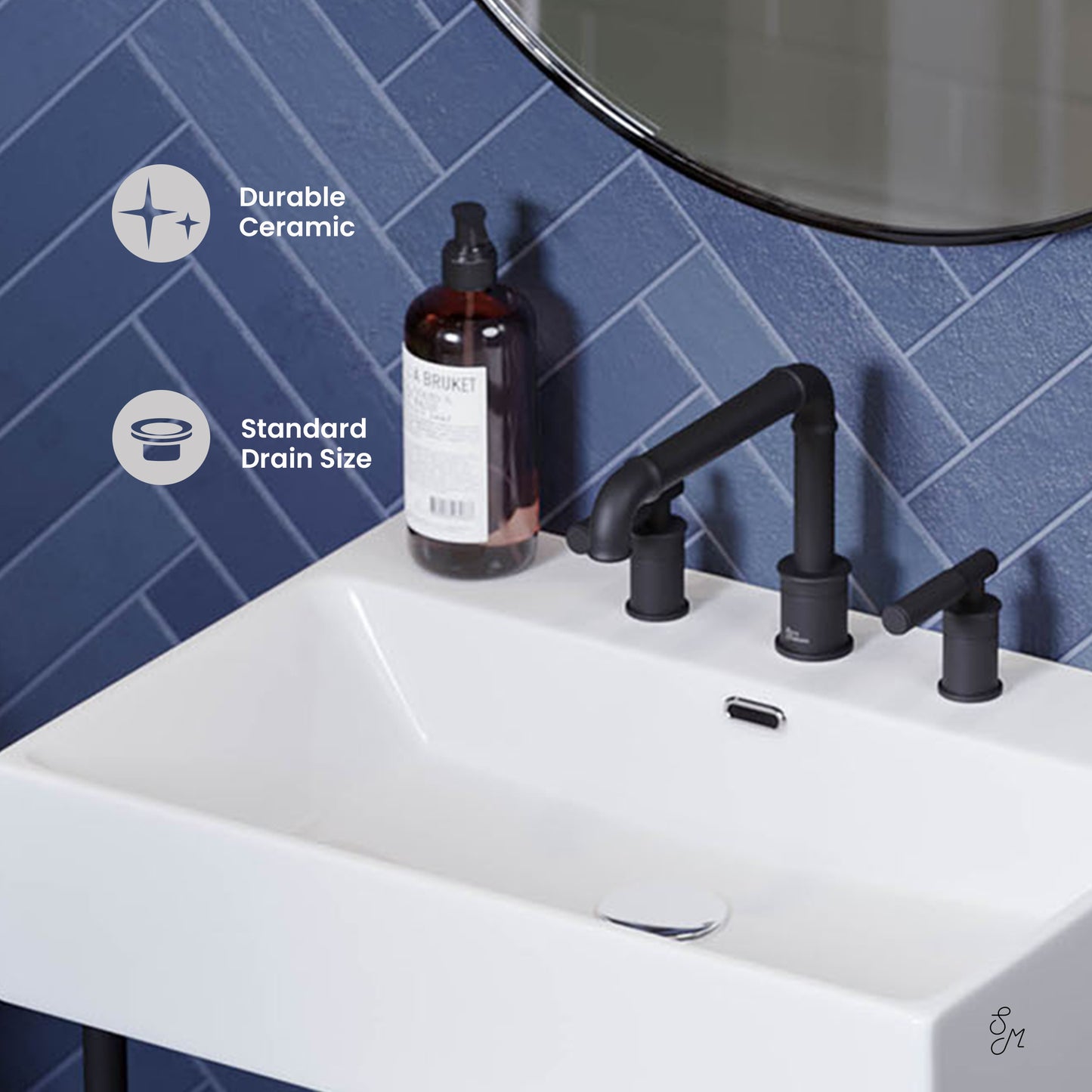 Swiss Madison, Claire 24" Console Sink White Basin Black Legs with 8" Widespread Holes