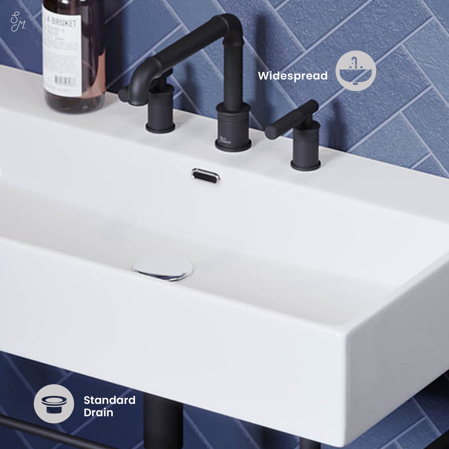 Swiss Madison, Claire 30" Console Sink White Basin Black Legs with 8" Widespread Holes