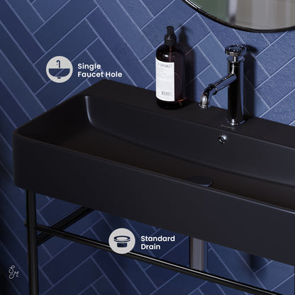 Swiss Madison, Carre 36 Ceramic Console Sink Matte Black Basin Black Legs