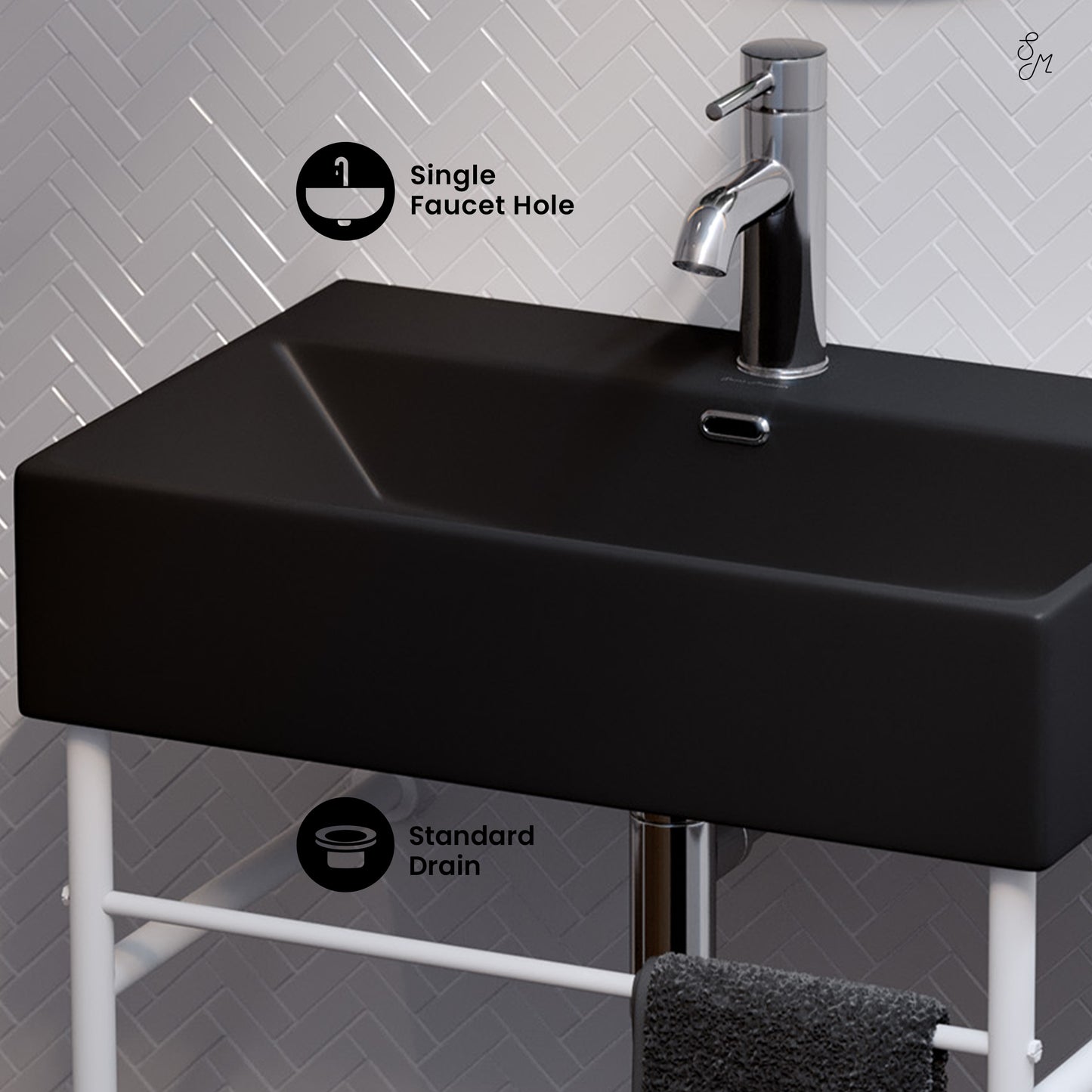 Swiss Madison, Claire 24 Ceramic Console Sink Matte Black Basin Matte White Legs
