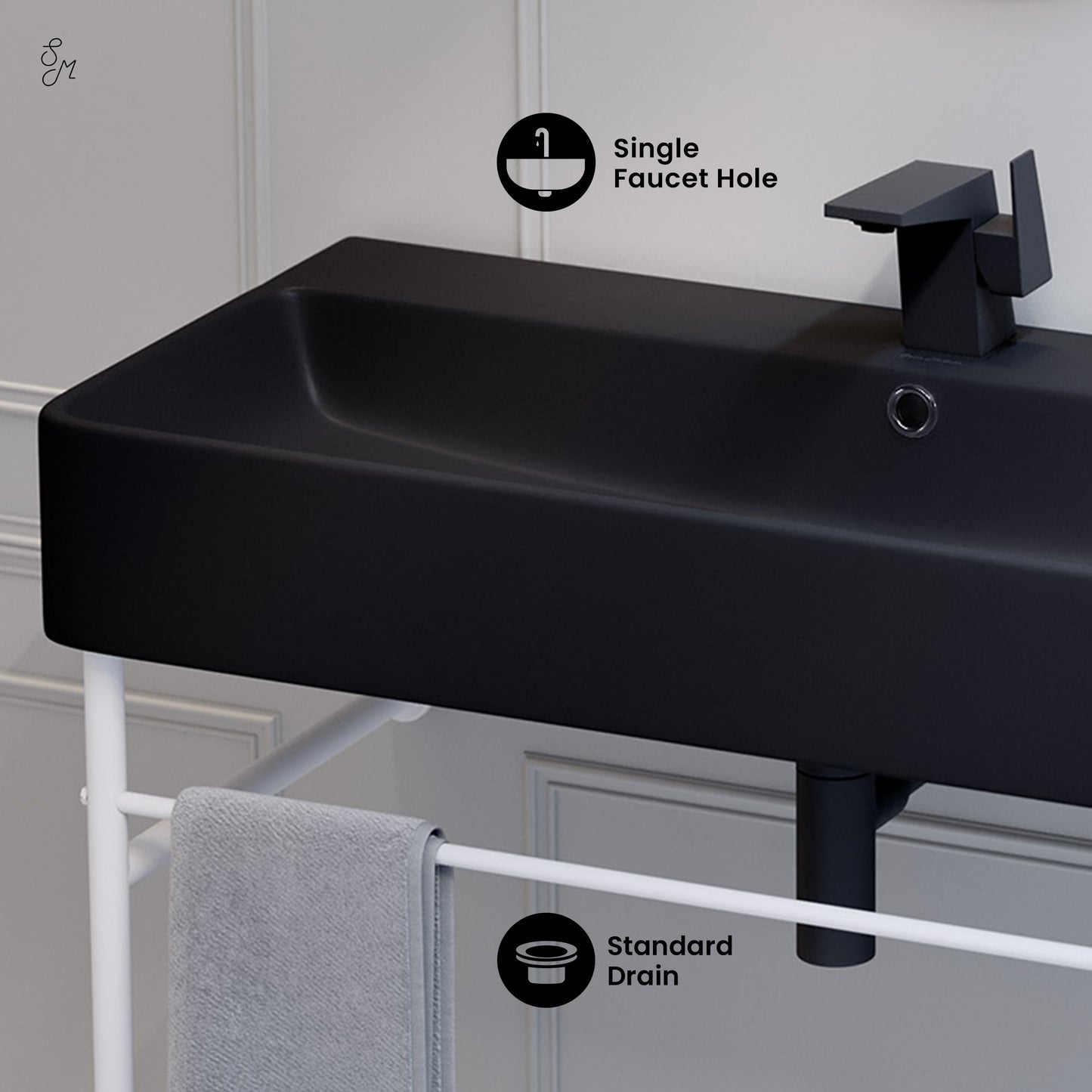 Swiss Madison, Carre 36 Ceramic Console Sink Matte Black Basin Matte White Legs