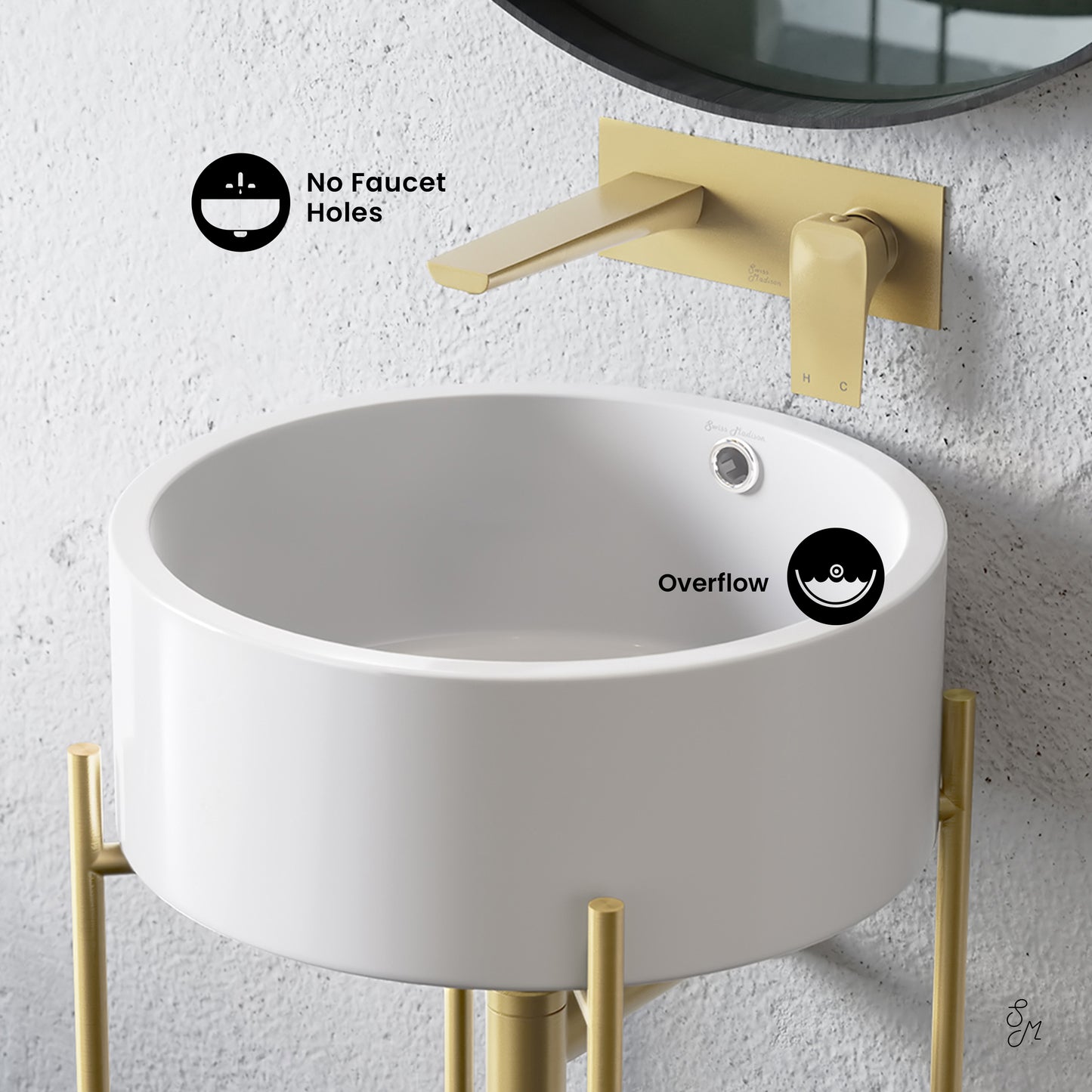 Swiss Madison, Monaco 16.5" Round Console Sink, White Basin Brushed Gold Legs