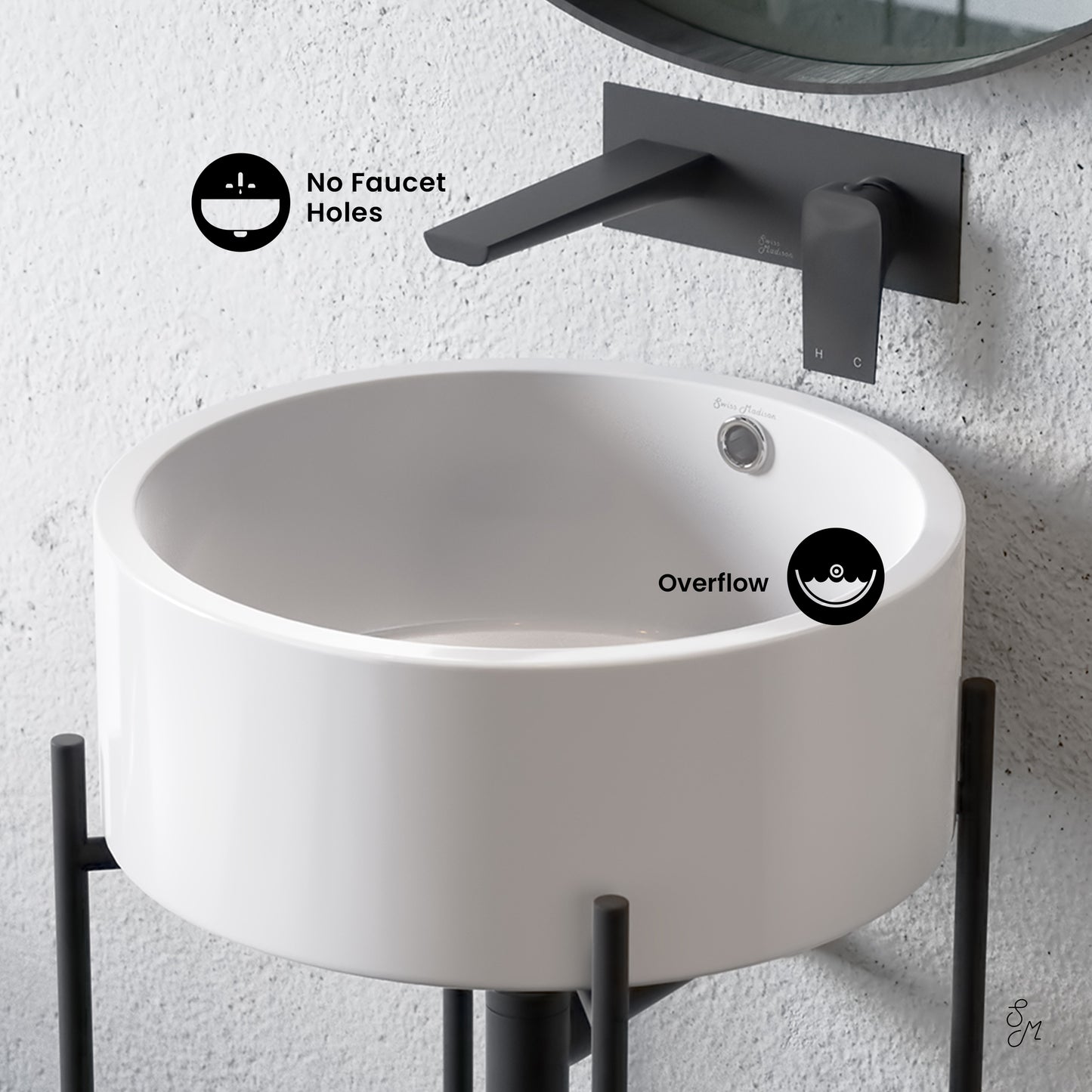 Swiss Madison, Monaco 16.5" Round Console Sink, White Basin Matte Black Legs