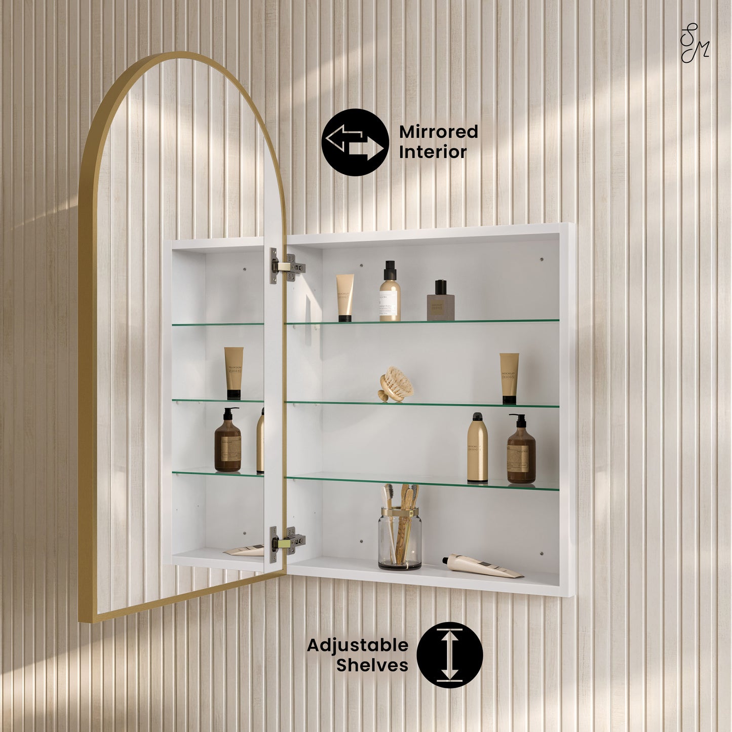 Swiss Madison, Porte 20 x 30 Arched Recessed/Wall Mount Medicine Cabinet with Mirror in Gold